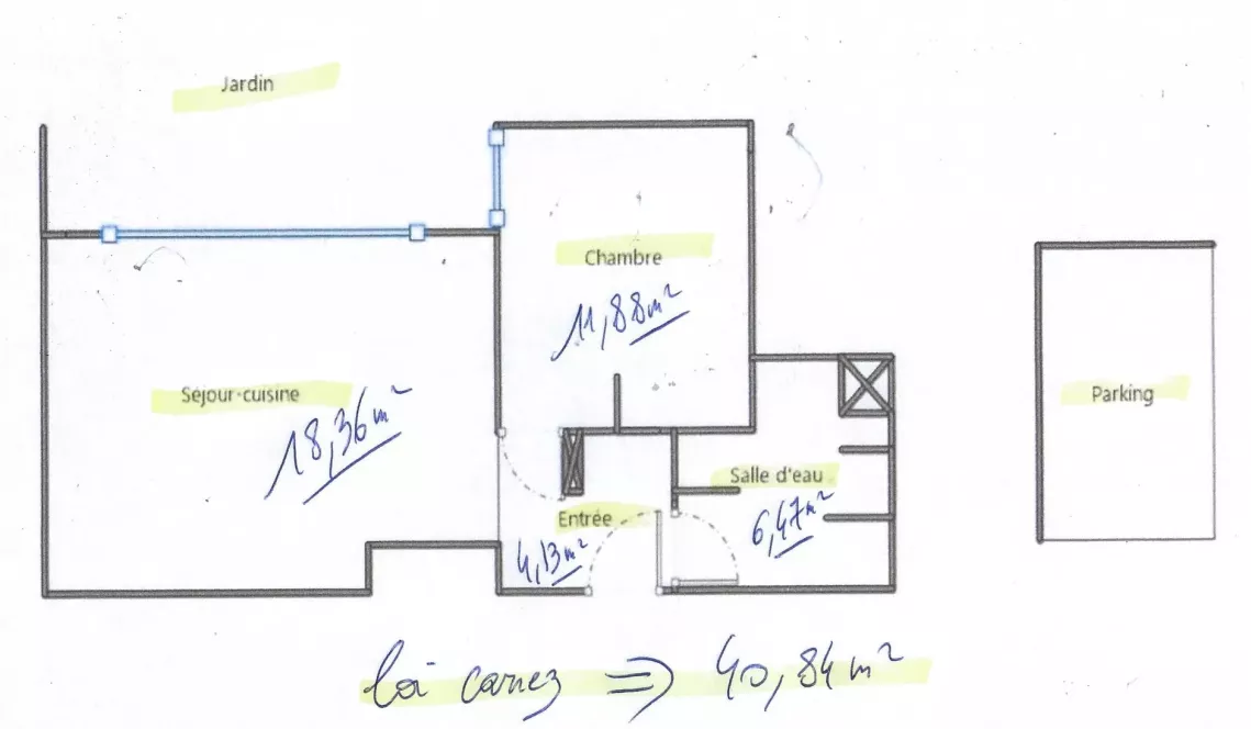 Bayonne les Arênes - Dans résidence de 2011, joli type 2 de 42 m² habitable en rez de jardin, pièce de vie et sa cuisine américaine, jardin privatif clos de 28 m²