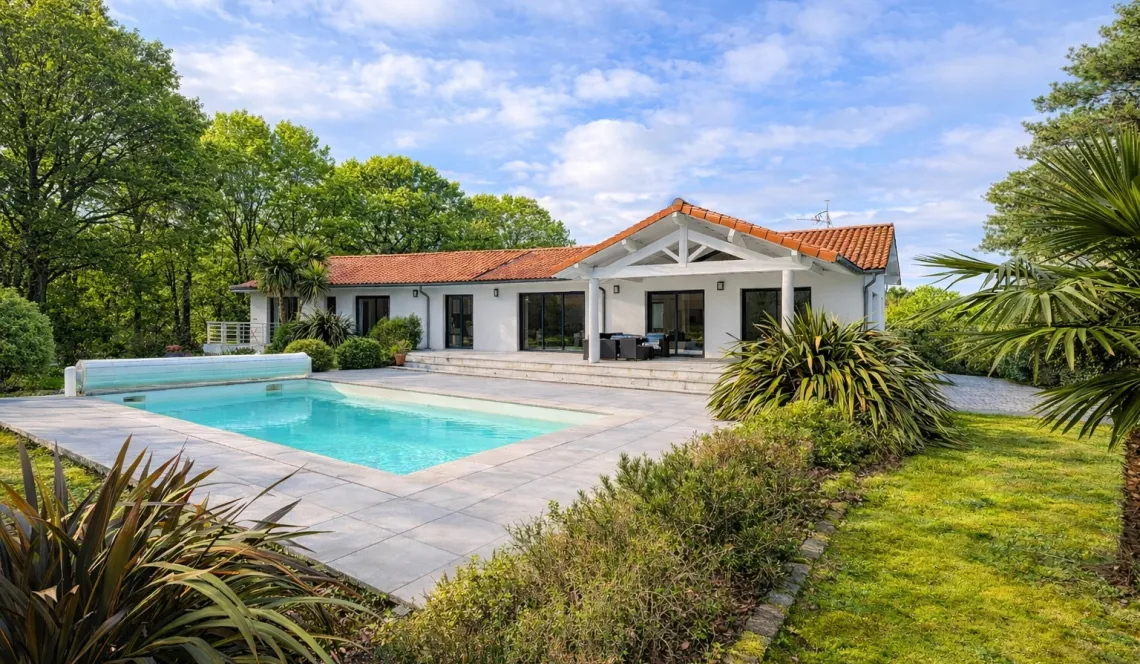 Saint Martin de Seignanx - Environnement exceptionnel pour cette belle propriété contemporaine de 2013 de 180 m² H, volumes généreux, 4 chambres sur parcelle de 2 000 m² et sa piscine