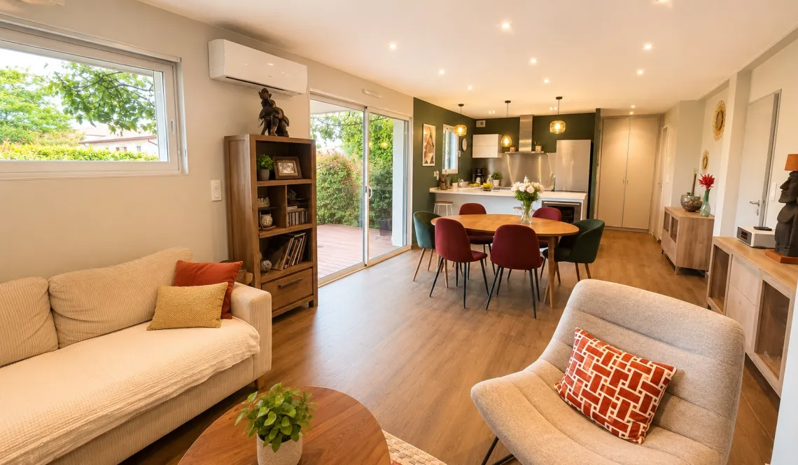 Au bourg de Villefranque - Atypique type 3 de 82 m² habitable et son extérieur/terrasse de 80 m² plein sud, pièce de vie/cuisine US de 38 m², 2 parkings 
