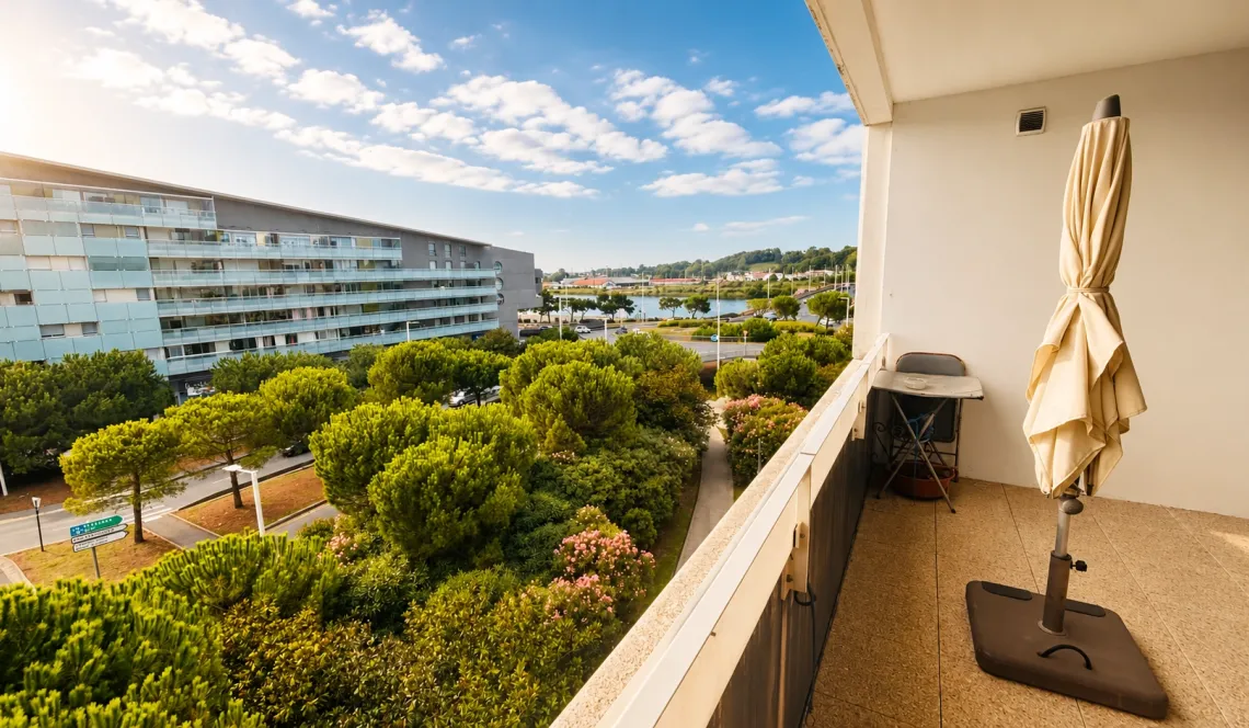 Bayonne Marinadour - Etage élevé pour ce spacieux type 2 de 53 m² habitable, pièce de vie de 30 m² sur terrasse au sud-ouest de 7 m², grande chambre séparée. Parking en sous-sol!