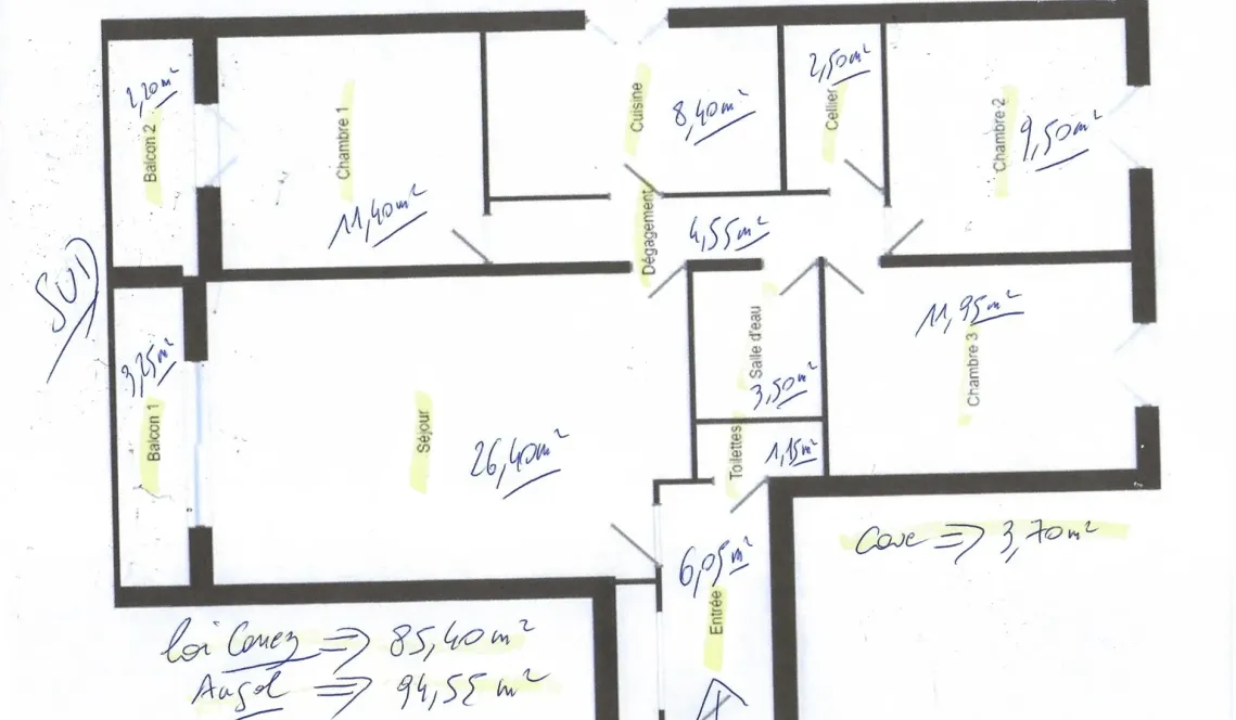 Sur Biarritz Avenue de la Marne - Etage élevé pour ce type 4 de 85 m² habitable à relooker, pièce de vie de 26 m² plein sud, 3 chambres, cave + parking en sous-sol