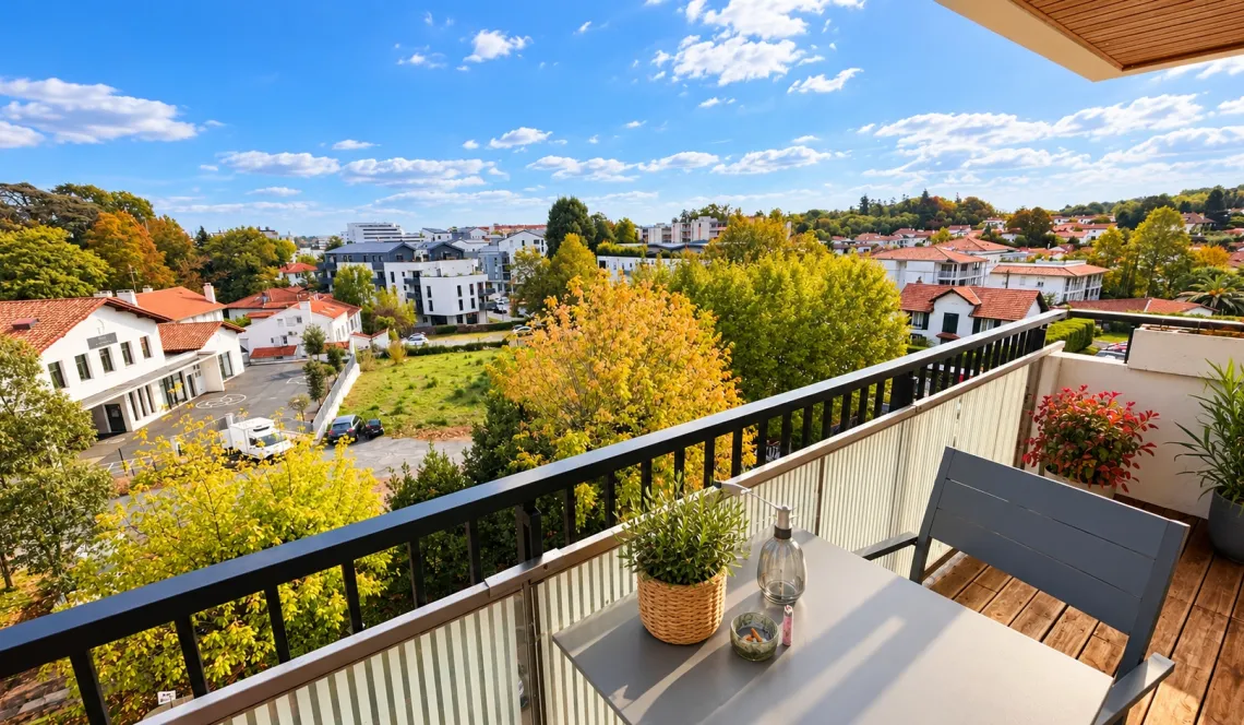 Anglet Central - A deux pas de la Mairie, joli type 3 de 62 m² habitable, pièce de vie de 27 m² sur balcon/terrasse + cave + parking extérieur