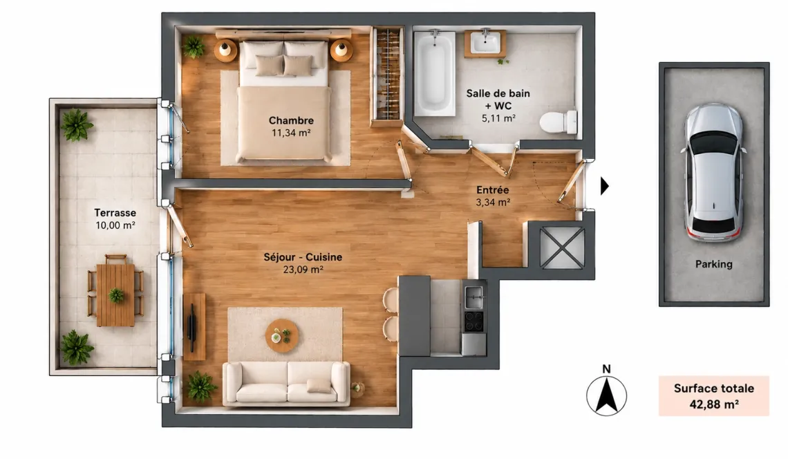 Bayonne Arroussets - Dans résidence de 2011, au dernier étage, joli type 2 de 43 m² habitable sur terrasse de 10 m² + place de parking en sous-sol!