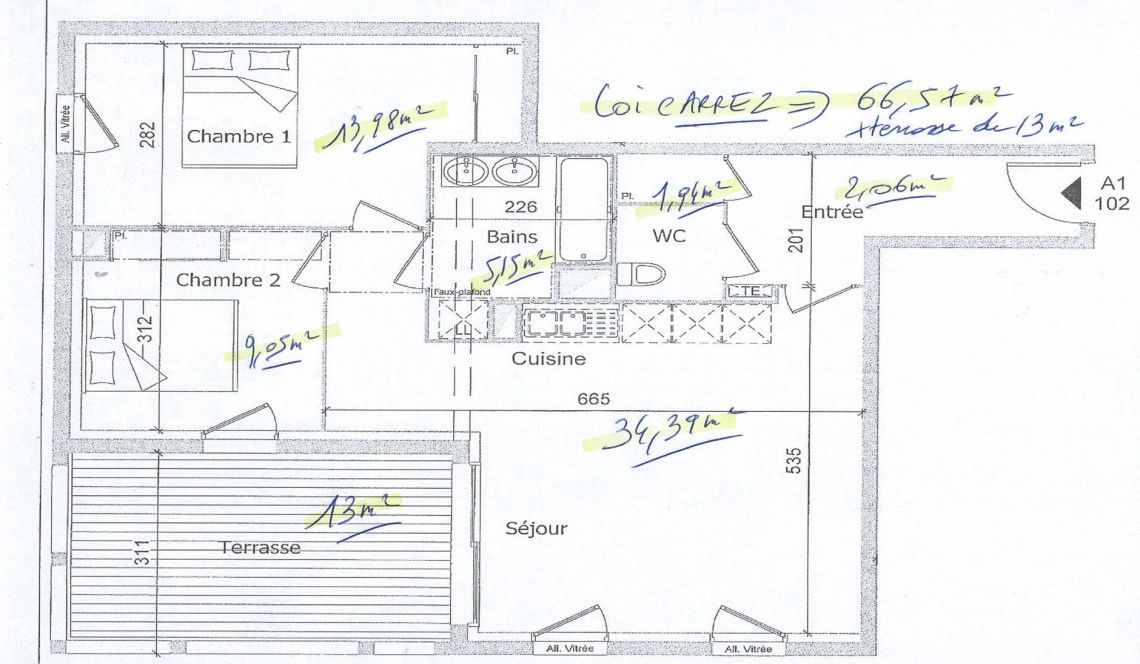 Bayonne Rive droite - Beau type 3 de 67 m² habitable, pièce de vie de 34 m² + terrasse + 2 places parking en sous-sol