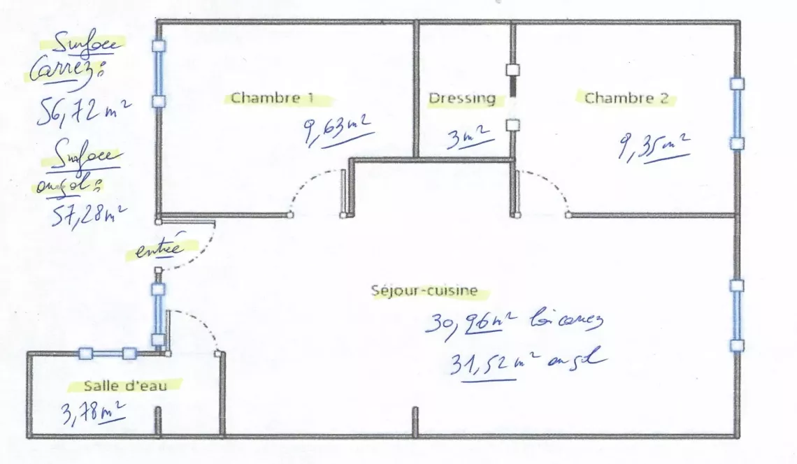 Quartier petit Bayonne - Authentique F3 de 58 m² habitable, pièce de vie de 30 m² avec cuisine équipée, 2 chambres + dressing