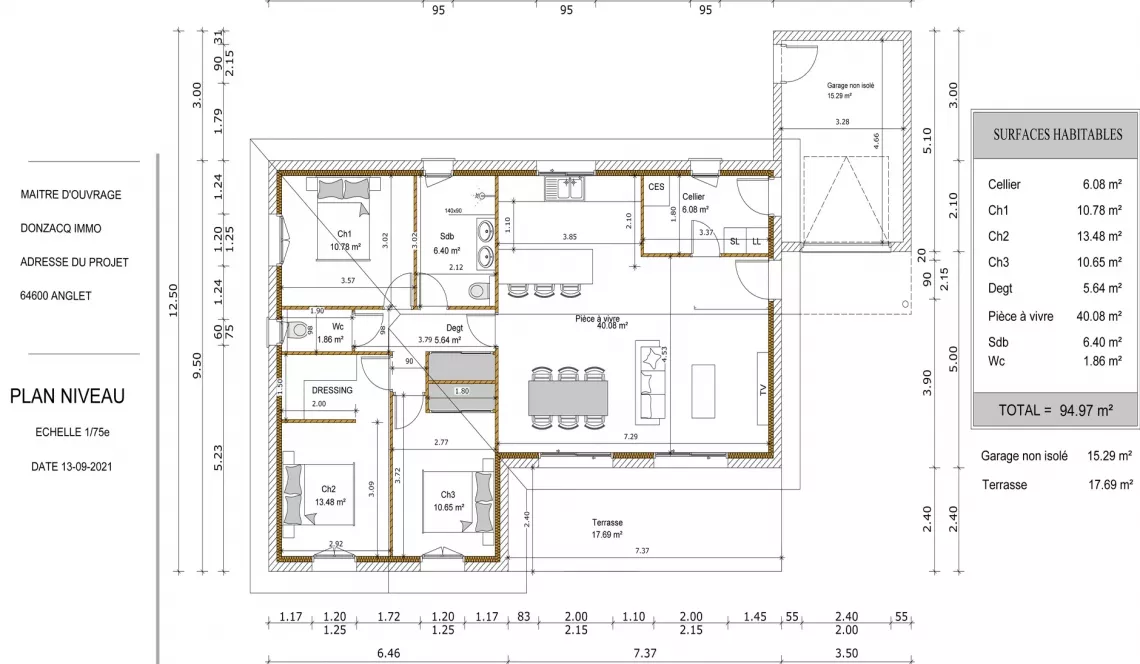 Anglet - Projet de construction d’un plain-pied de 95 m² H, 3 chambres, pièce de vie de 40 m², garage sur parcelle plate plein sud de 500 m² 