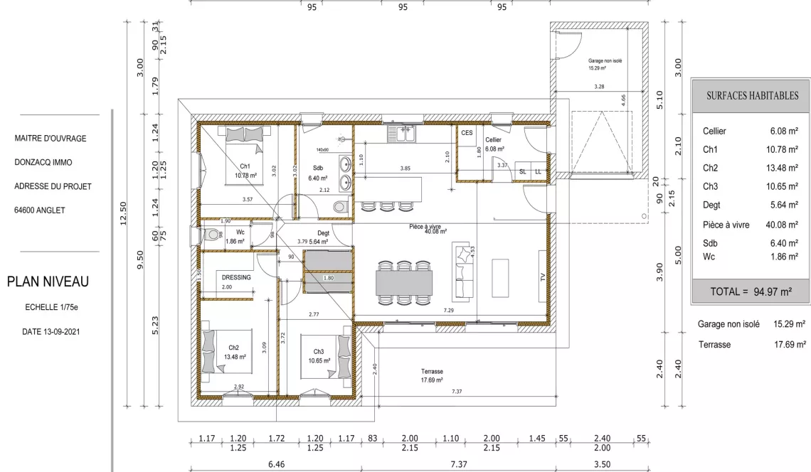 Anglet rue de Lamouly - Projet de construction d’un plain-pied de 95 m² H, 3 chambres, pièce de vie de 40 m², garage sur parcelle plate plein sud de 500 m² 